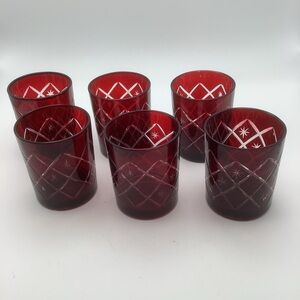 Six Target Etched Red Glass Votive Candle Holders